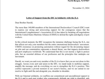 Letter of support from the IDC International Dockworkers Council in Solidarity with the ILA