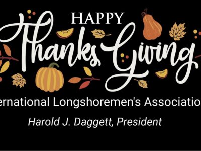 Decorative Thanksgiving Message with fall foliage from Harold J. Daggett, President of the ILA