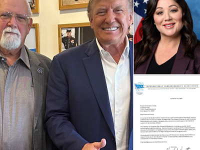 A collage photo that includes a photo of Trump with ILA President Harold Daggett and a photo of Representative Lori Chavez-DeRemer