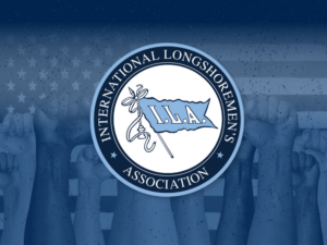 ILA International Logo on background with American Flag and raised solidarity fists